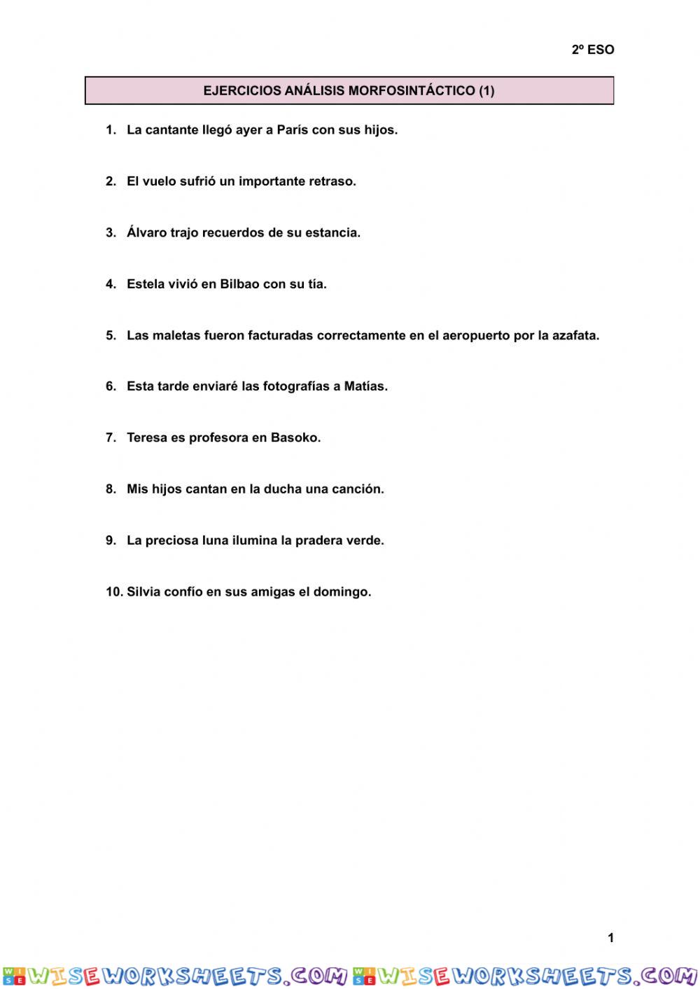 Ejercicios An Lisis Morfosint Ctico Worksheet Online Wiseworksheets