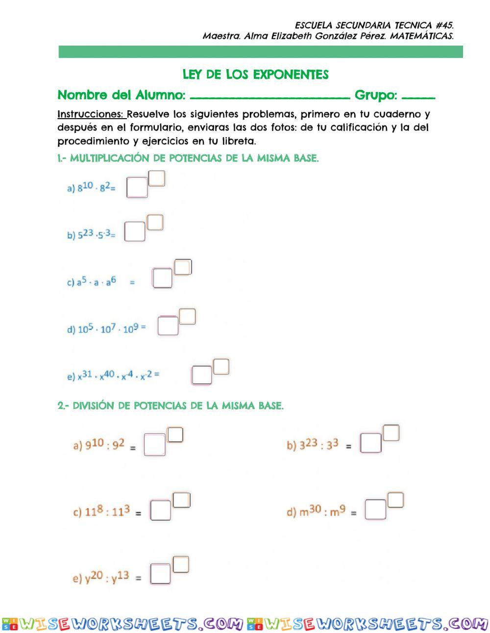 Ejercicio Ley De Los Exponentes Worksheet Online Wiseworksheets