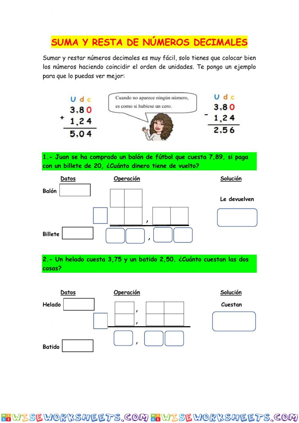 Sumas Y Restas De Decimales Worksheet Online Wiseworksheets Sexiz Pix