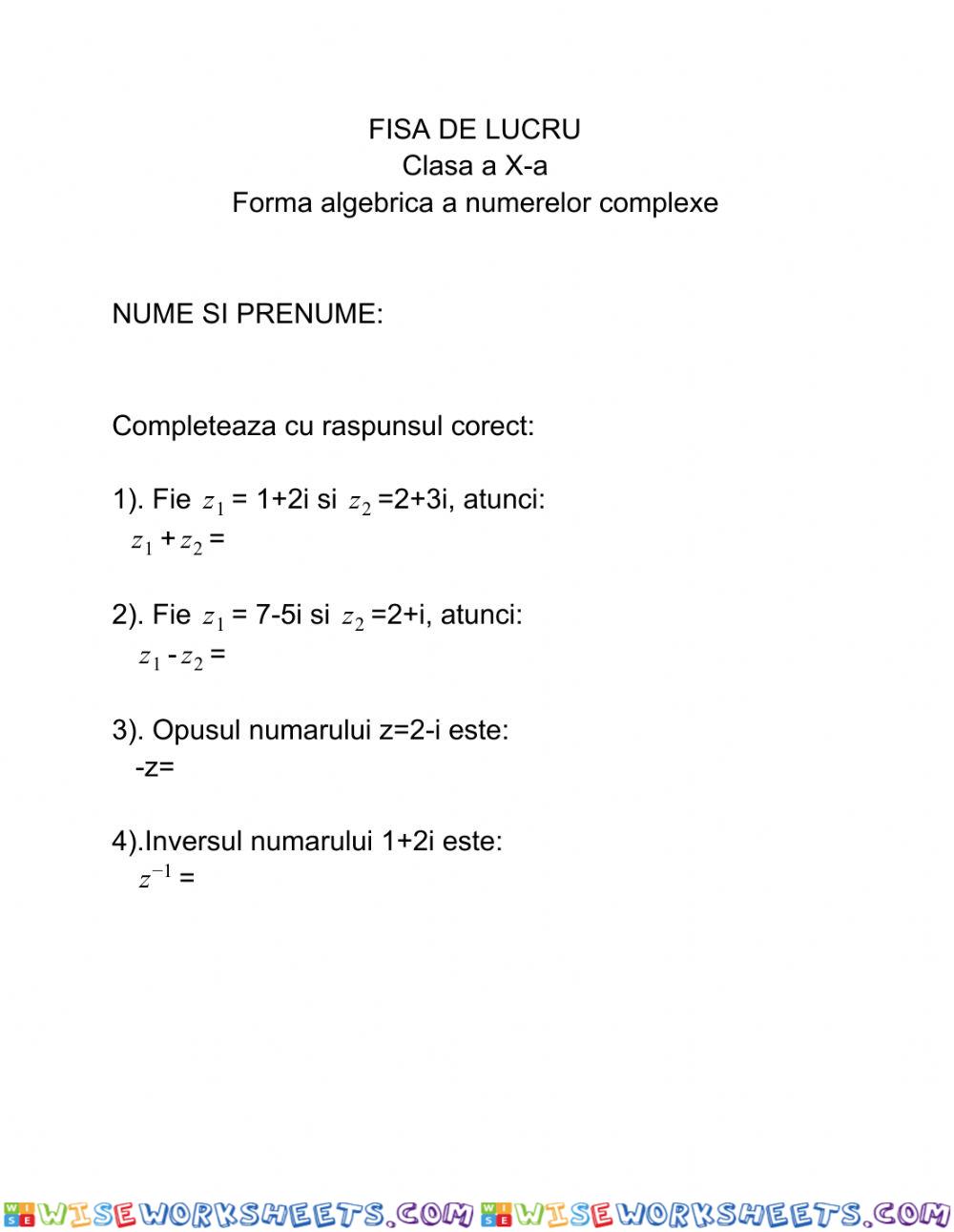 Forma algebrica a numerelor complexe