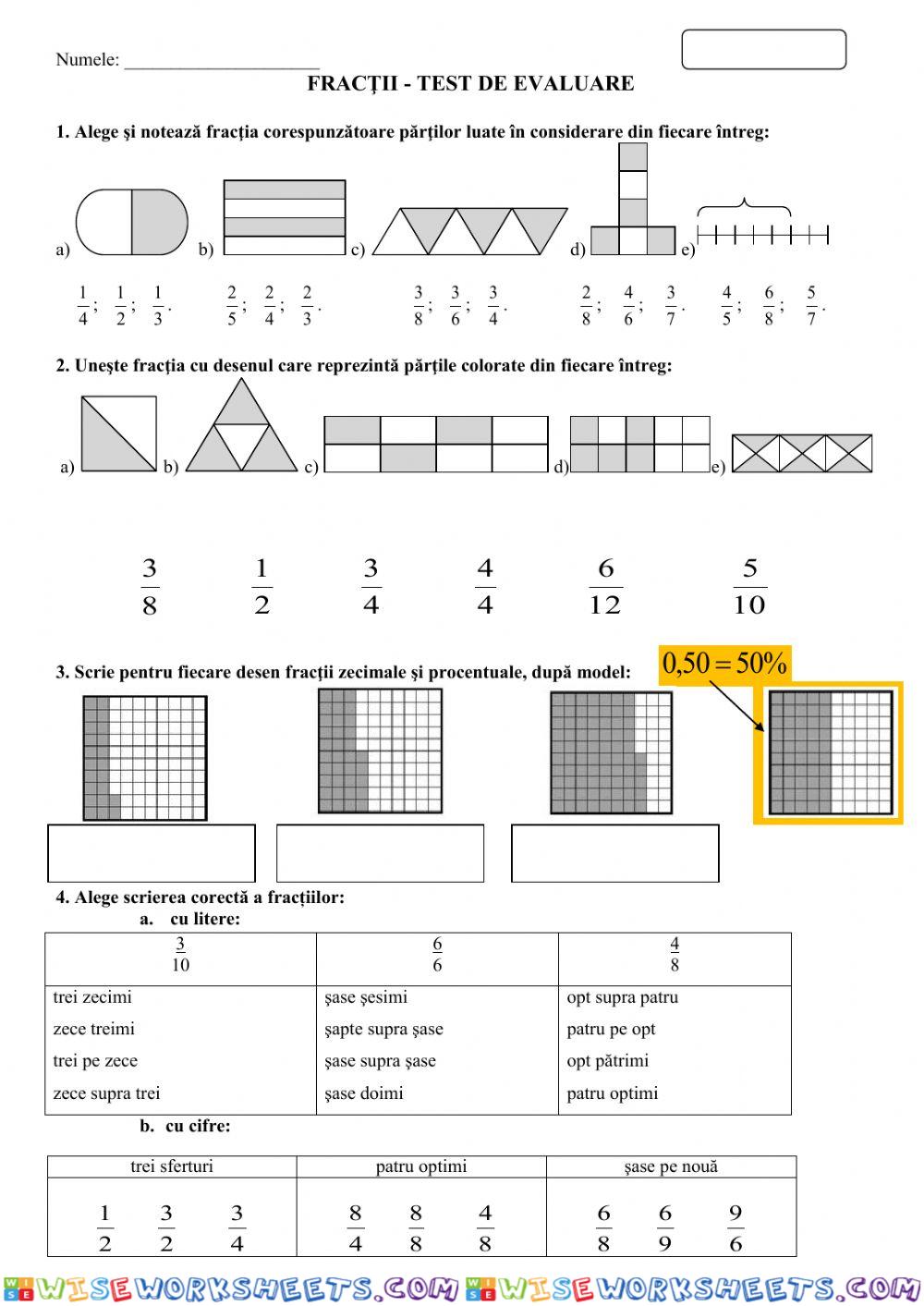 Evaluare sumativă Fracții