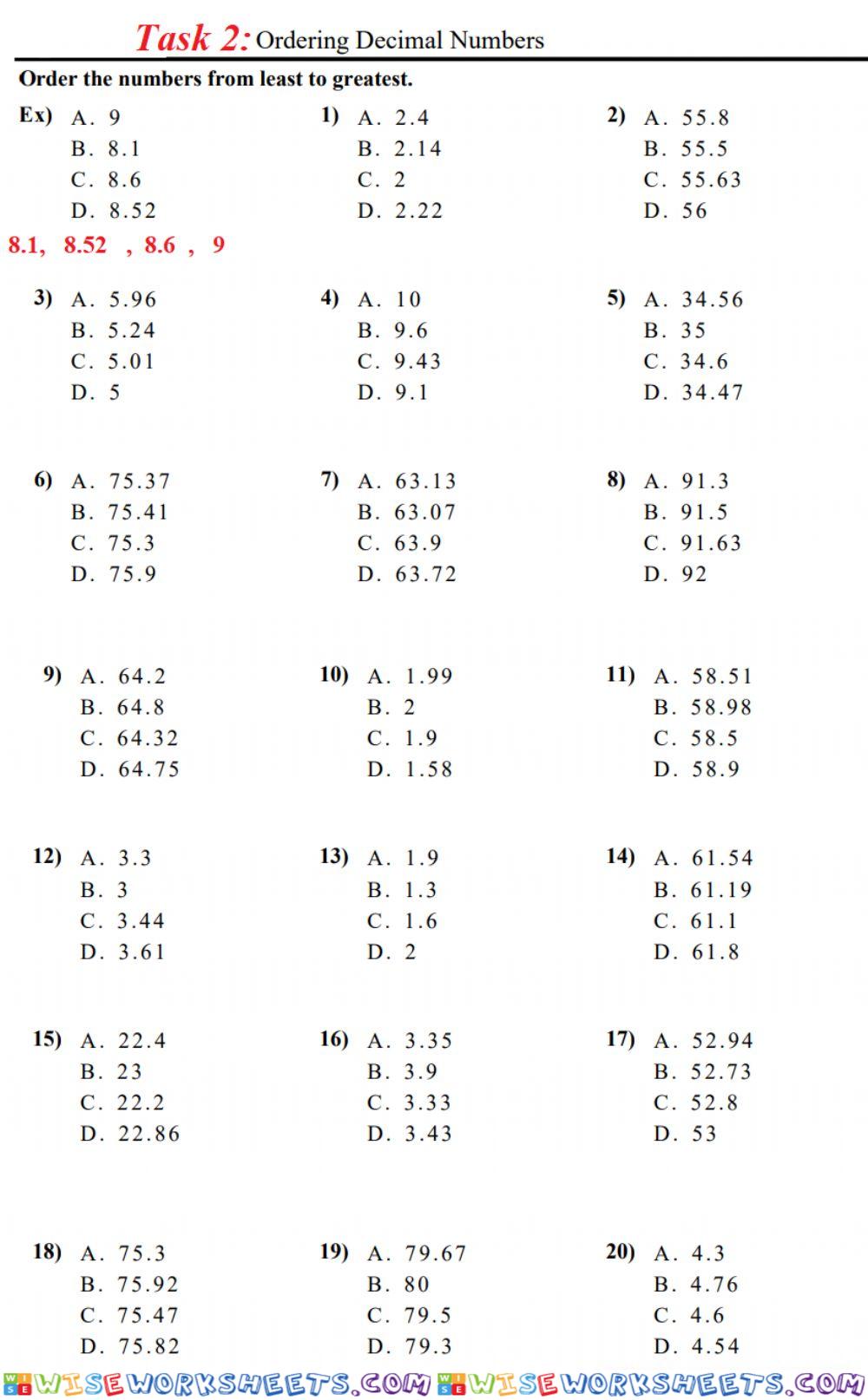 Decimal Worksheet Task 2