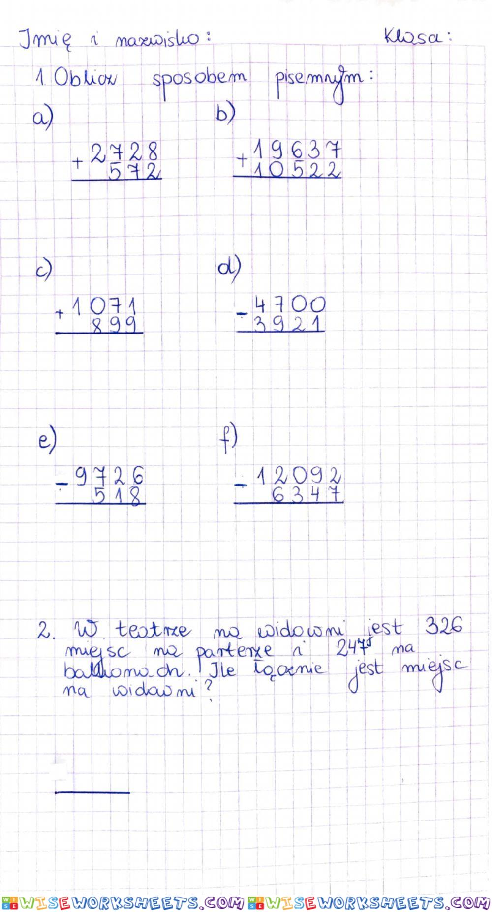 Dodawanie i odejmowanie sposobem pisemnym