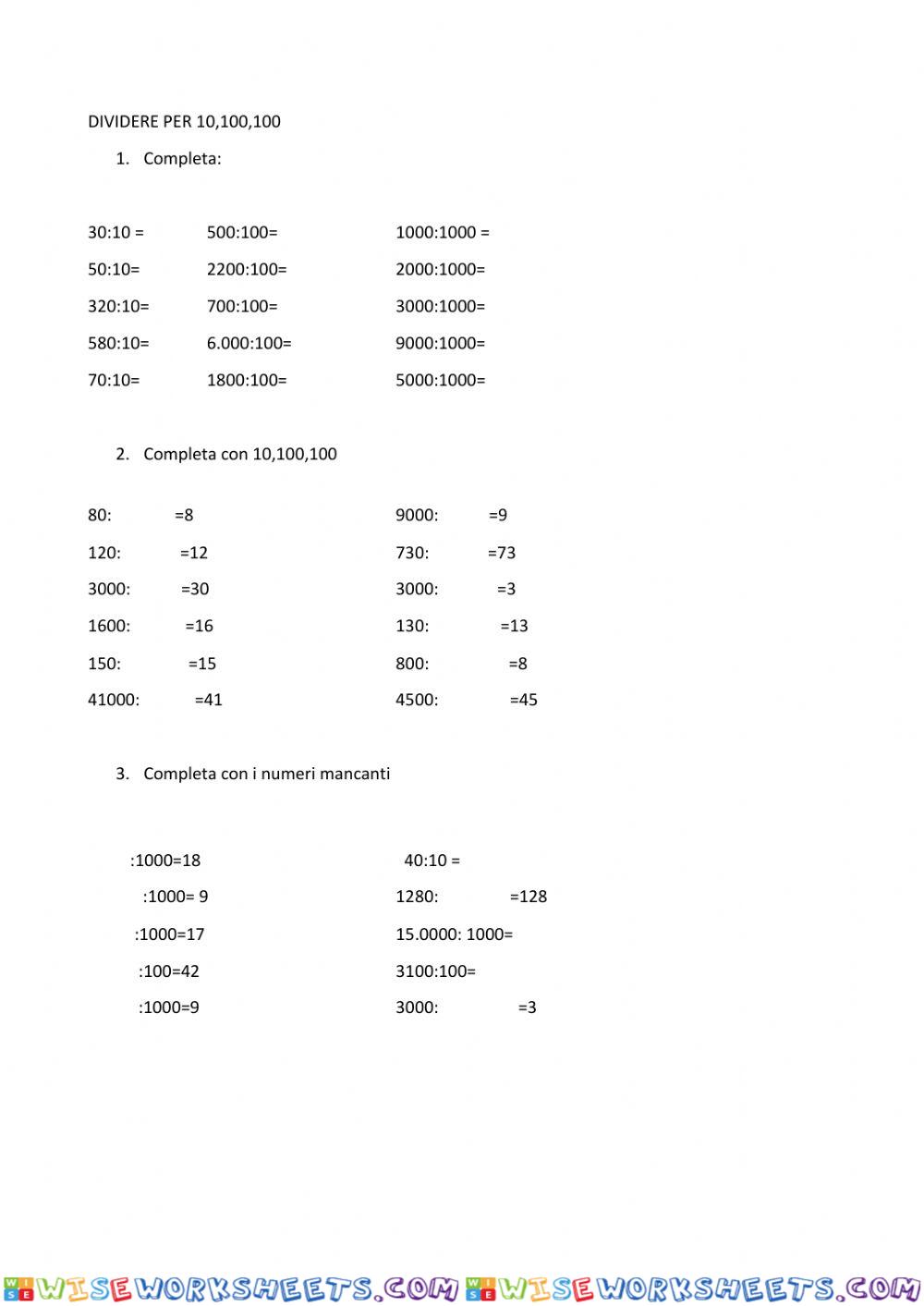 Dividere per 10,100,1000