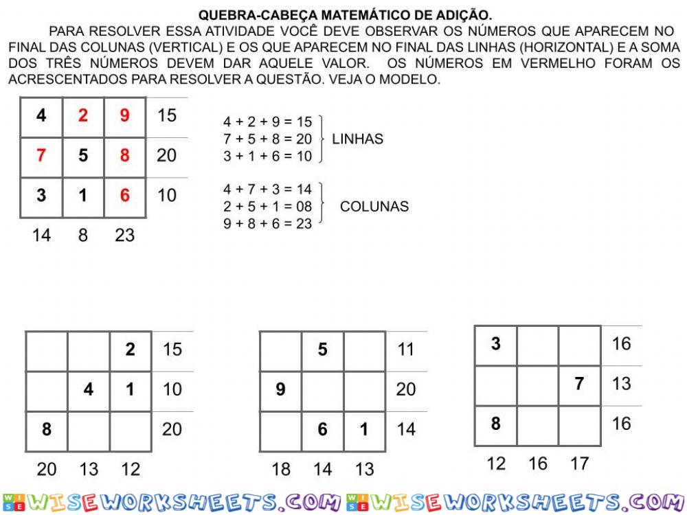 Quebra-cabeça matemático de adição