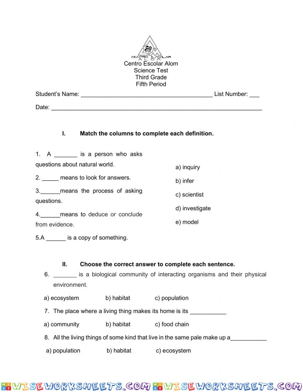 Science - Third Grade - Fifth Period Test