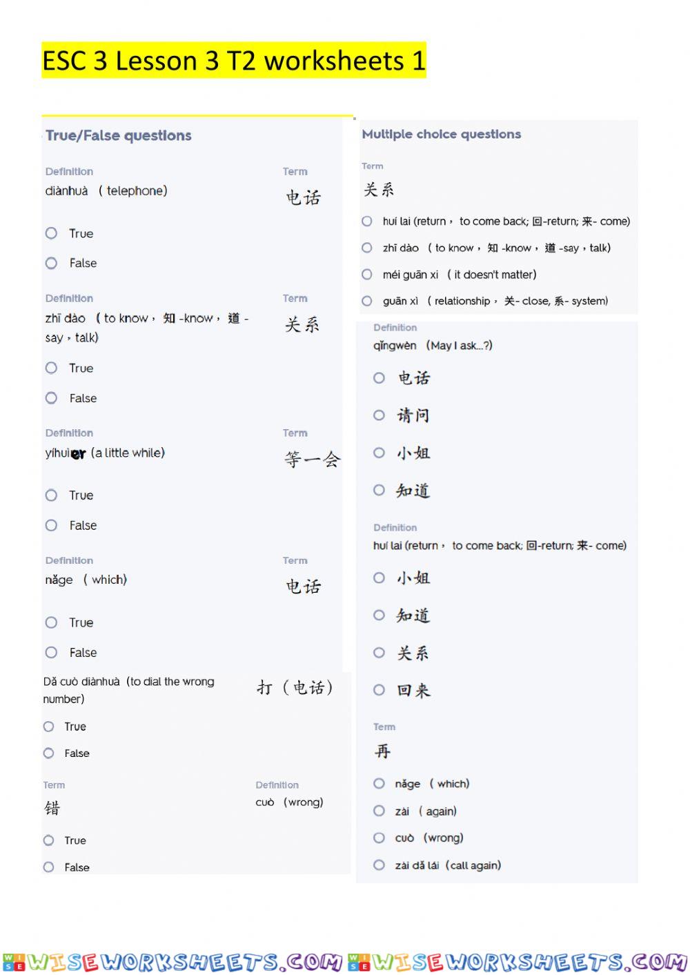 ESC2 lesson 3 text 2 worksheets 1