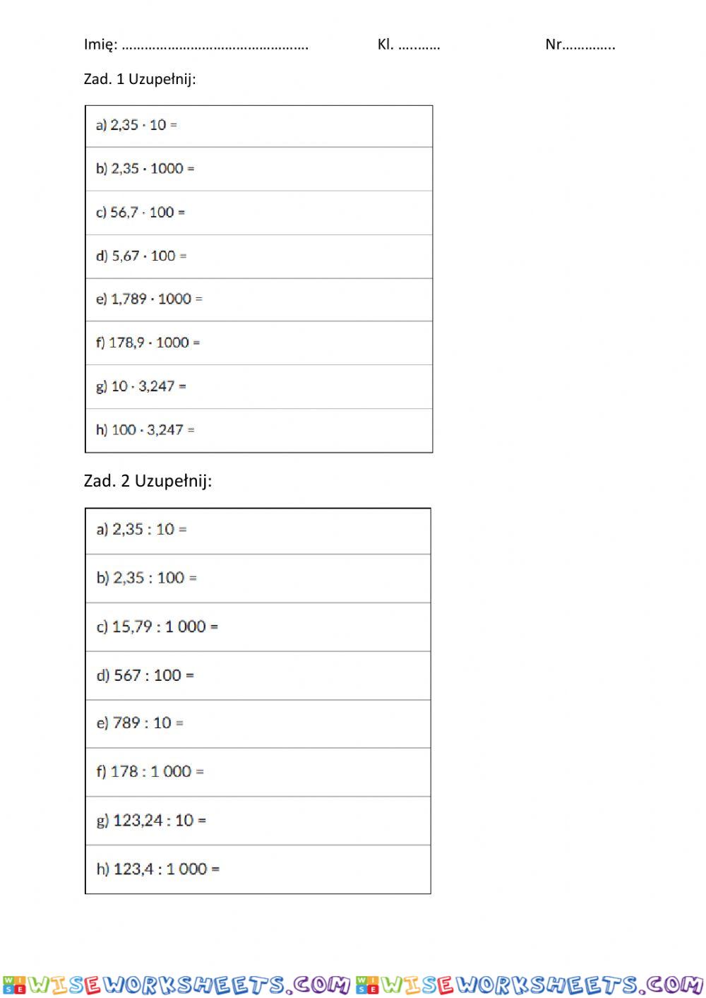 Klasa 5 mnożenie i dzielenie ułamków dziesiętnych przez 10 100 1000 ...