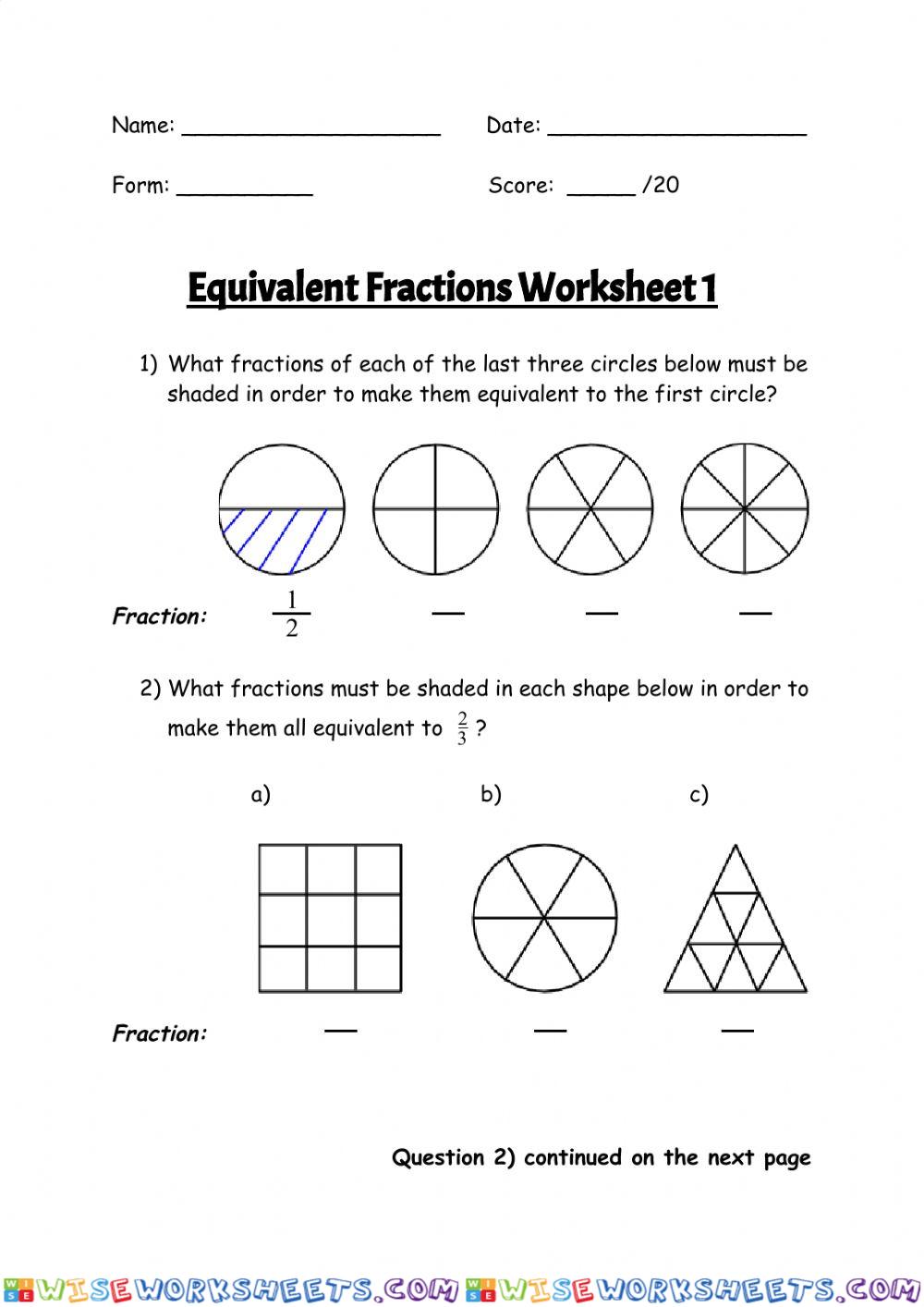 Equivalent Fractions Worksheet 1