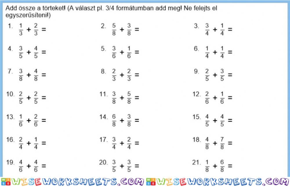 Azonos nevezőjű törtek összeadása