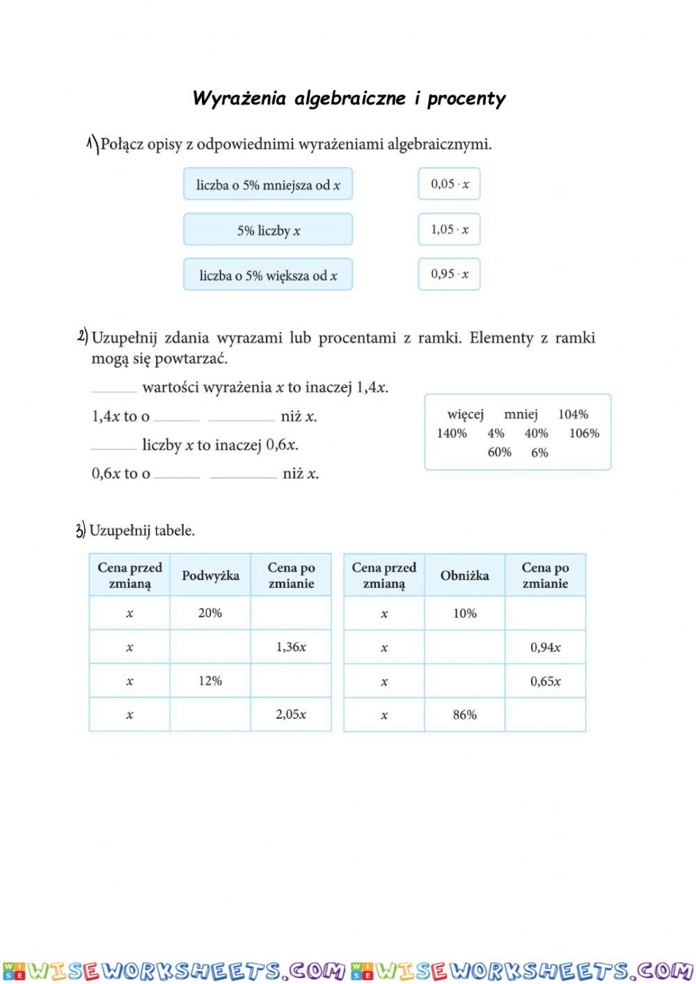 Wyrażenia algebraiczne i procenty