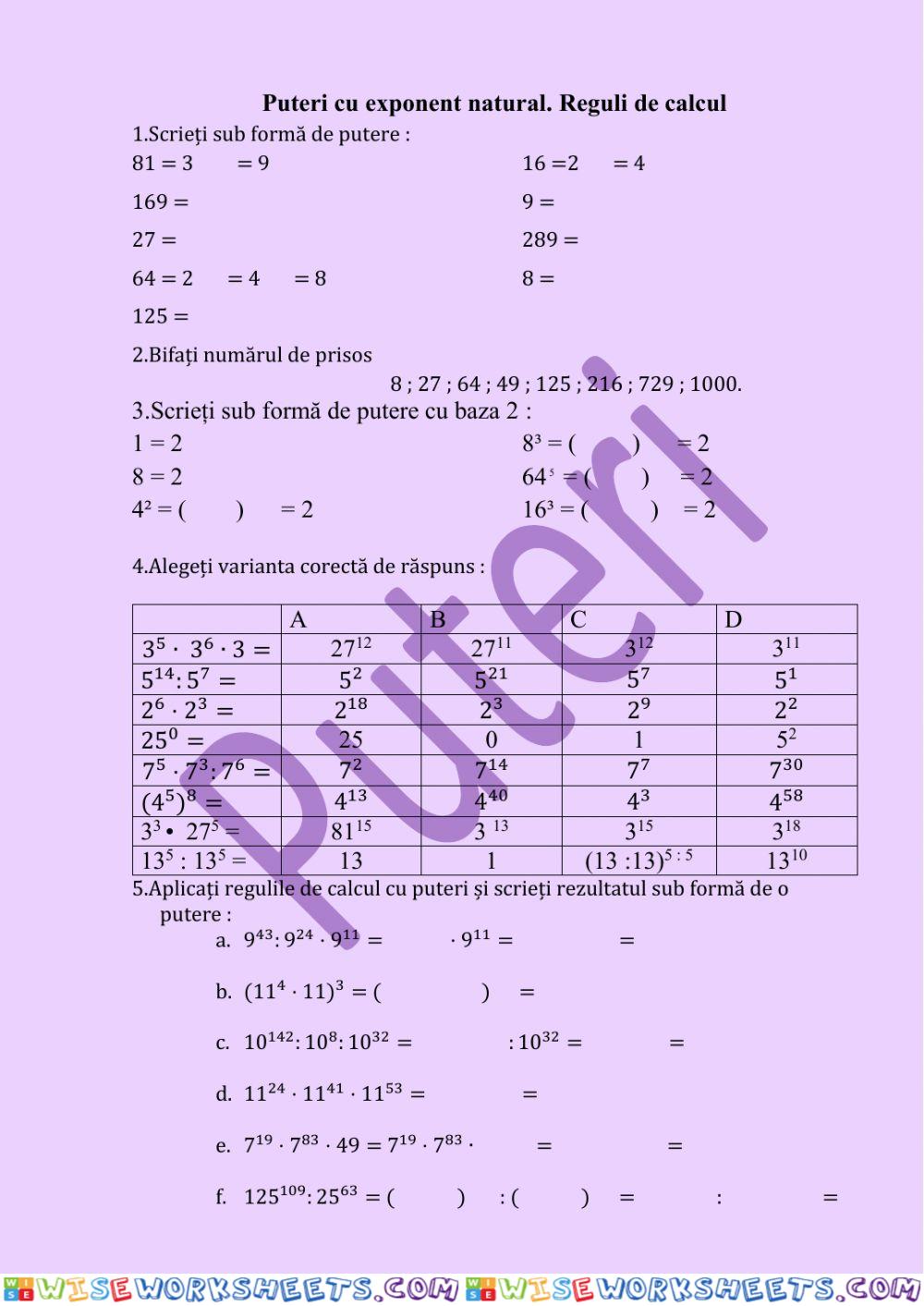 Puterea cu exponent natural. Reguli de calcul.Tema pentru acasă