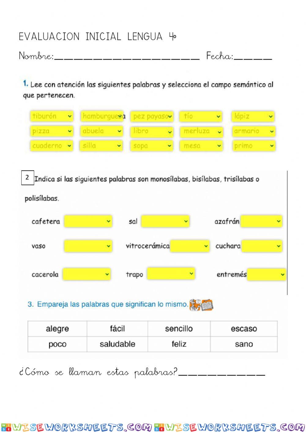 Evaluacion inicial lengua 4º