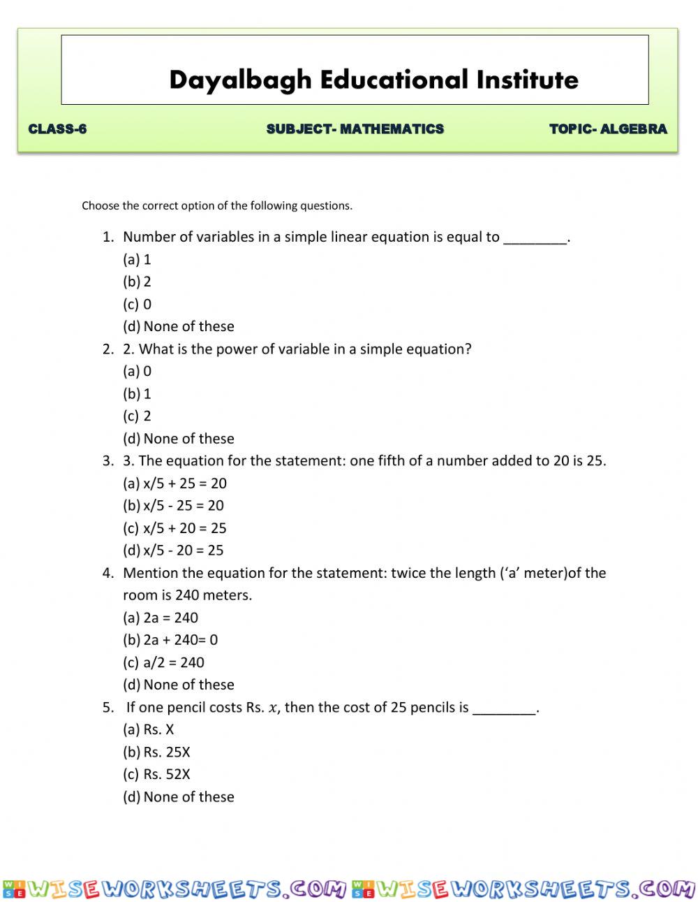 Class 6 algebra