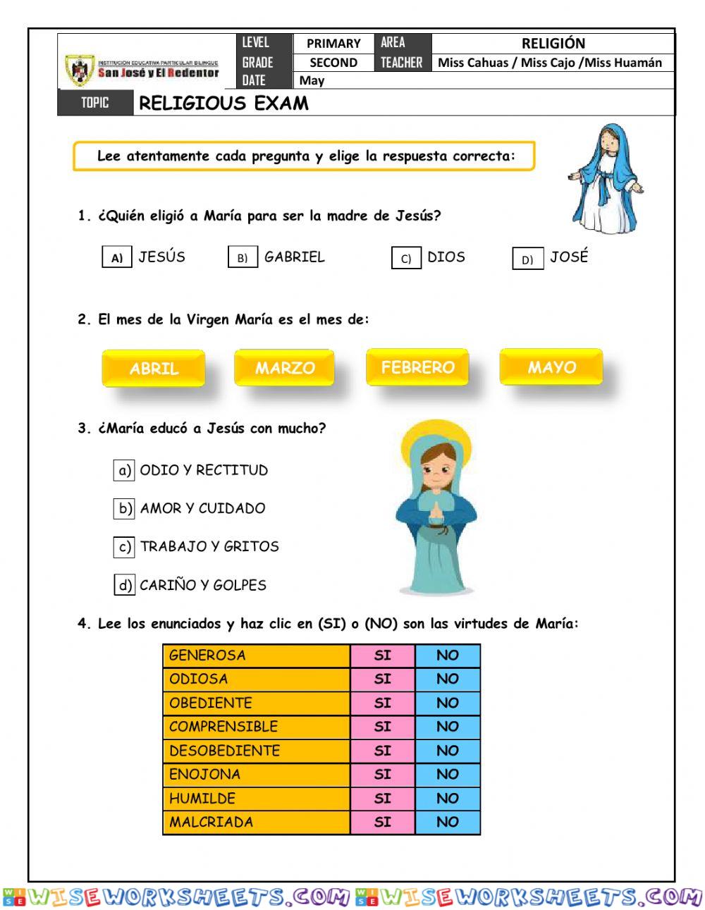 Examen Mensual de Religión