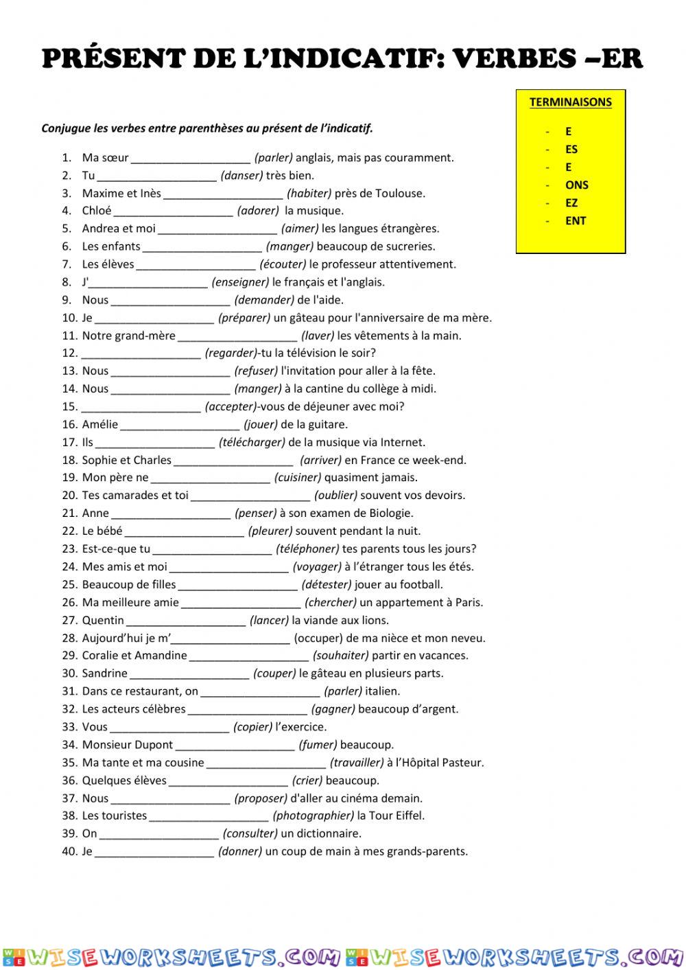 Présent de l'indicatif des verbes -er