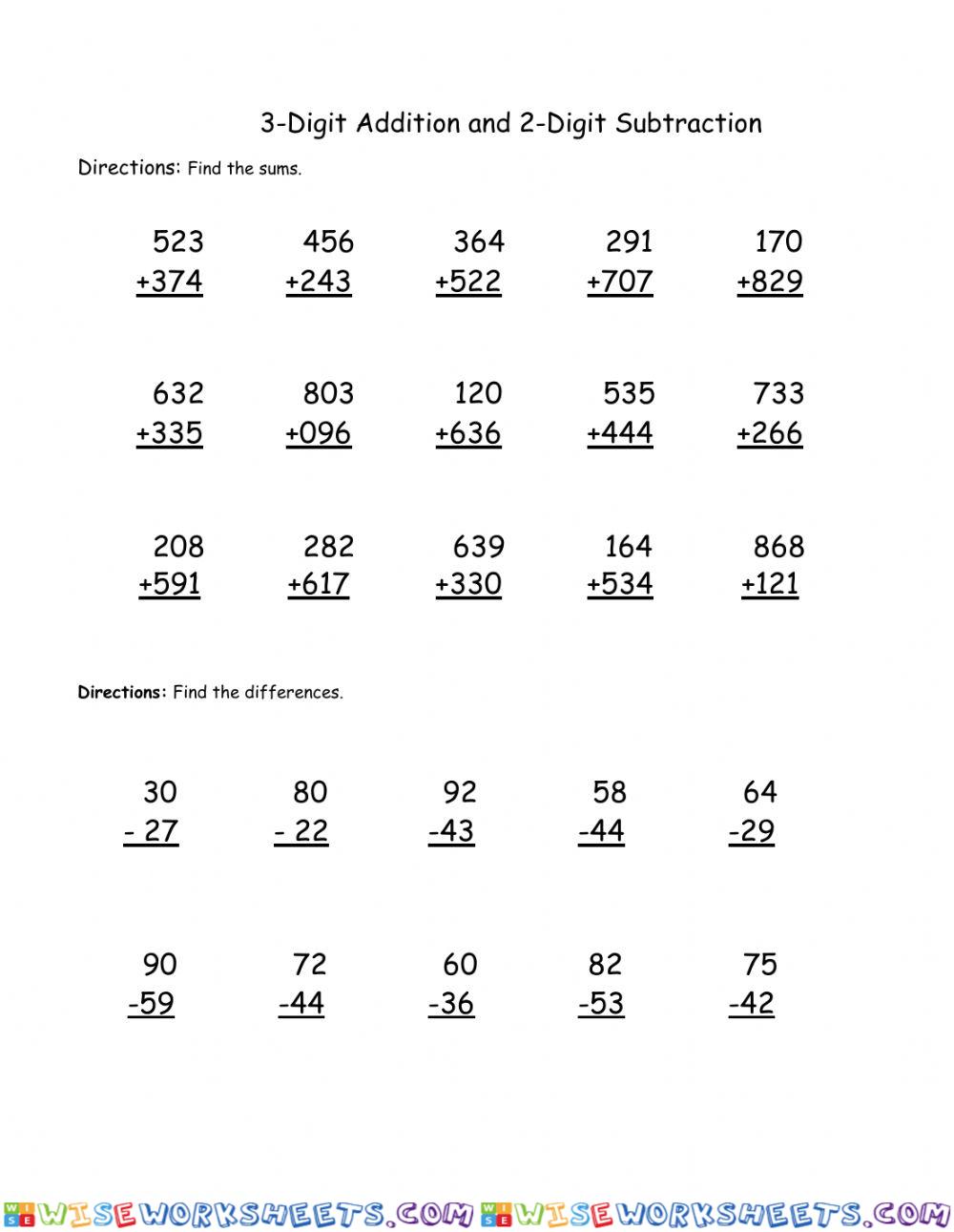 Mixed 3 digit addition and 2 digit subtraction