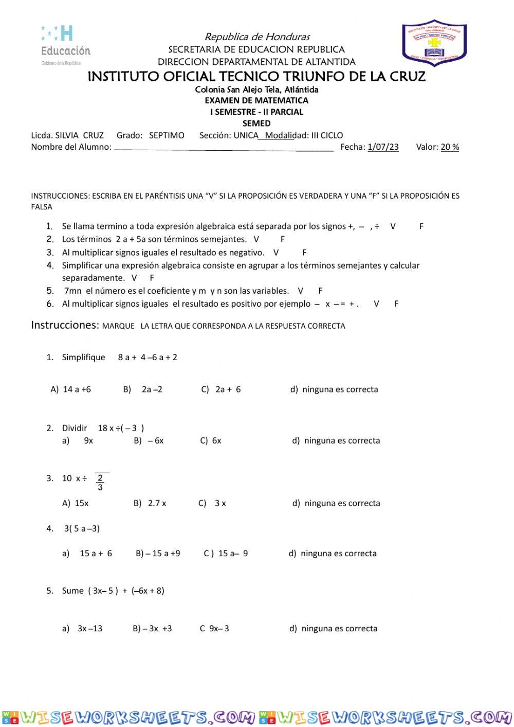 Examen matematicas