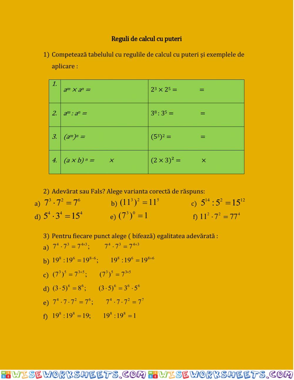 Reguli de calcul puteri-Clasa VI