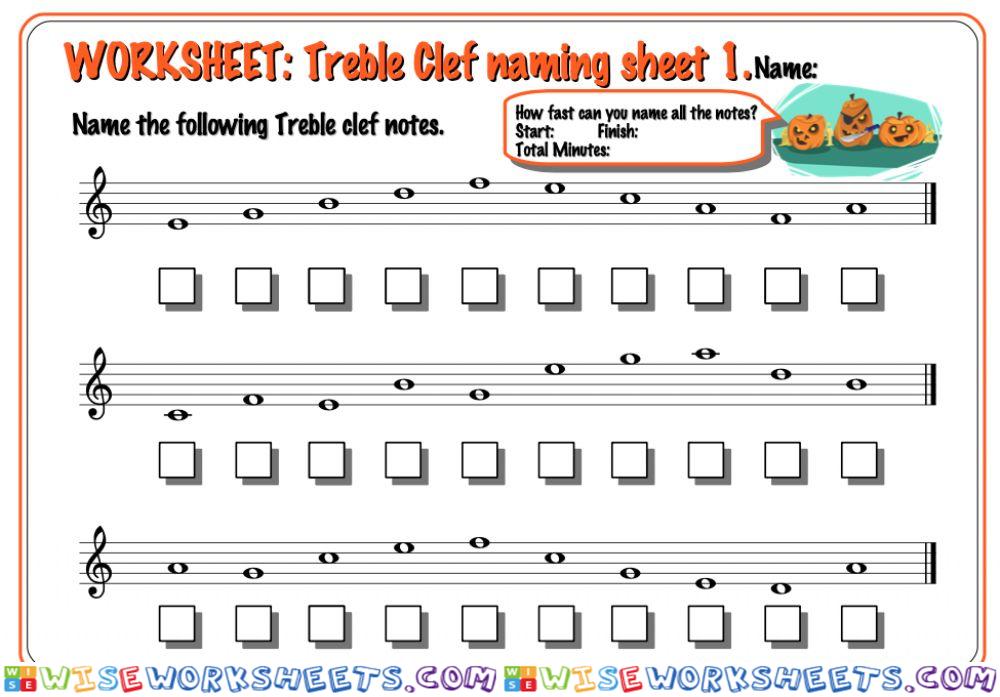 Note Name Worksheet -1 Treble Clef