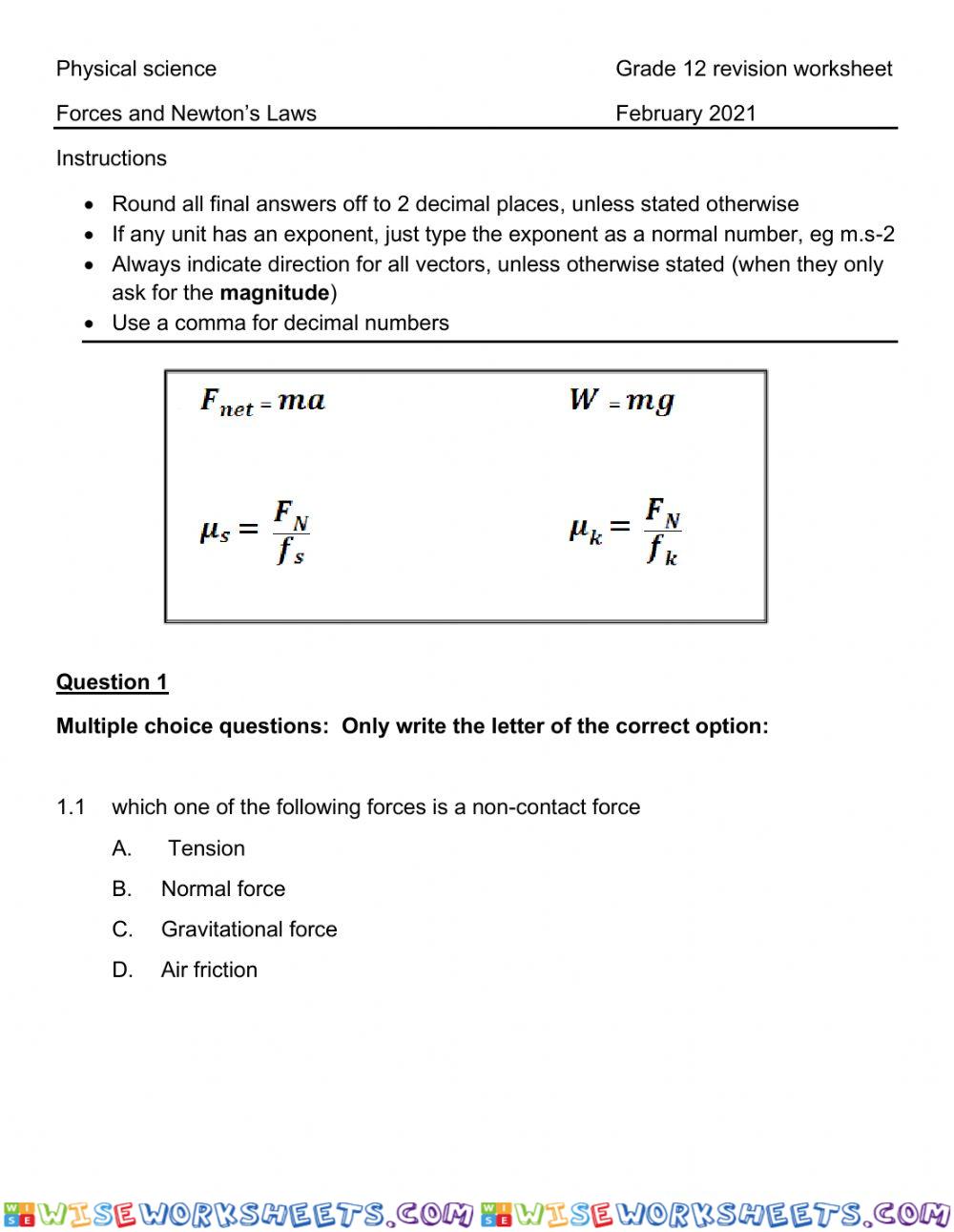 Newton revisoin worksheet