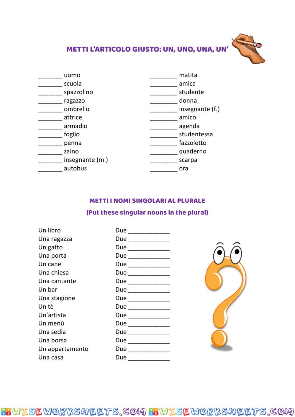 Articoli indeterminativi - plurale dei nomi