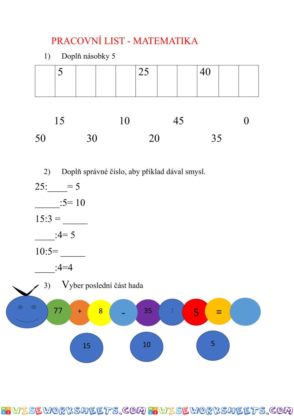 Pracovní list matematika