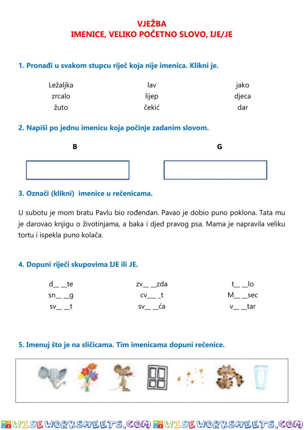 Ispit - Imenice, veliko slovo, č, ć, -ije, -je