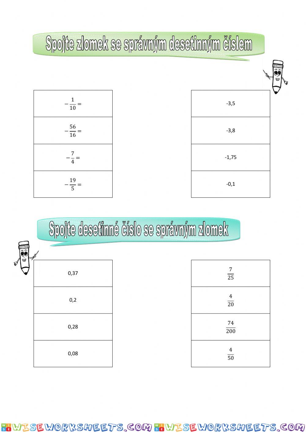 Pracovní list- zlomky a desetinná čísla