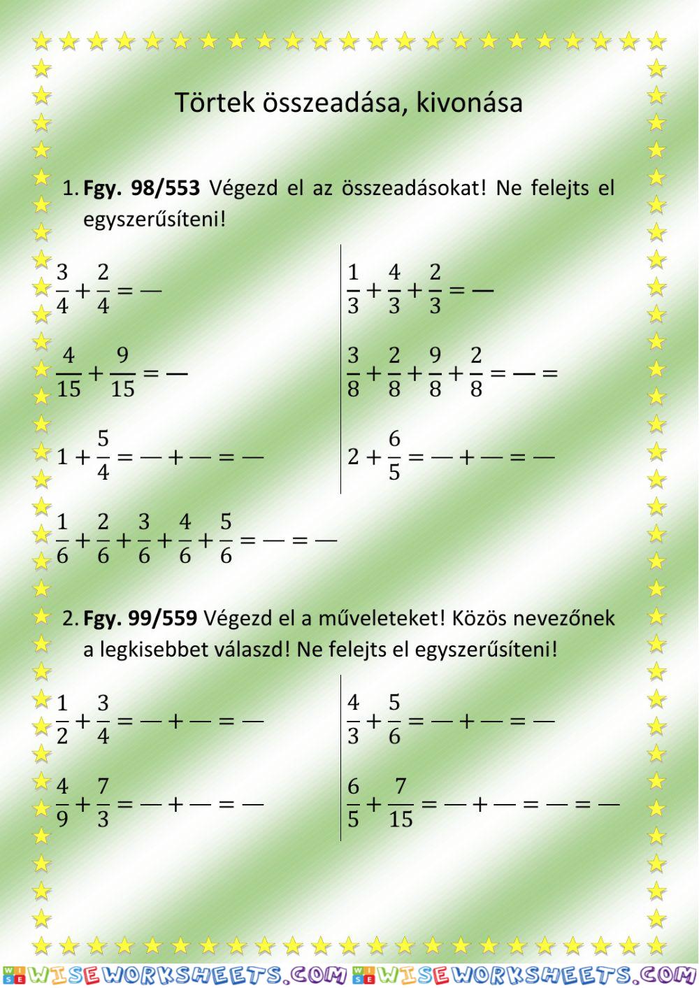 Törtek összeadása, kivonása