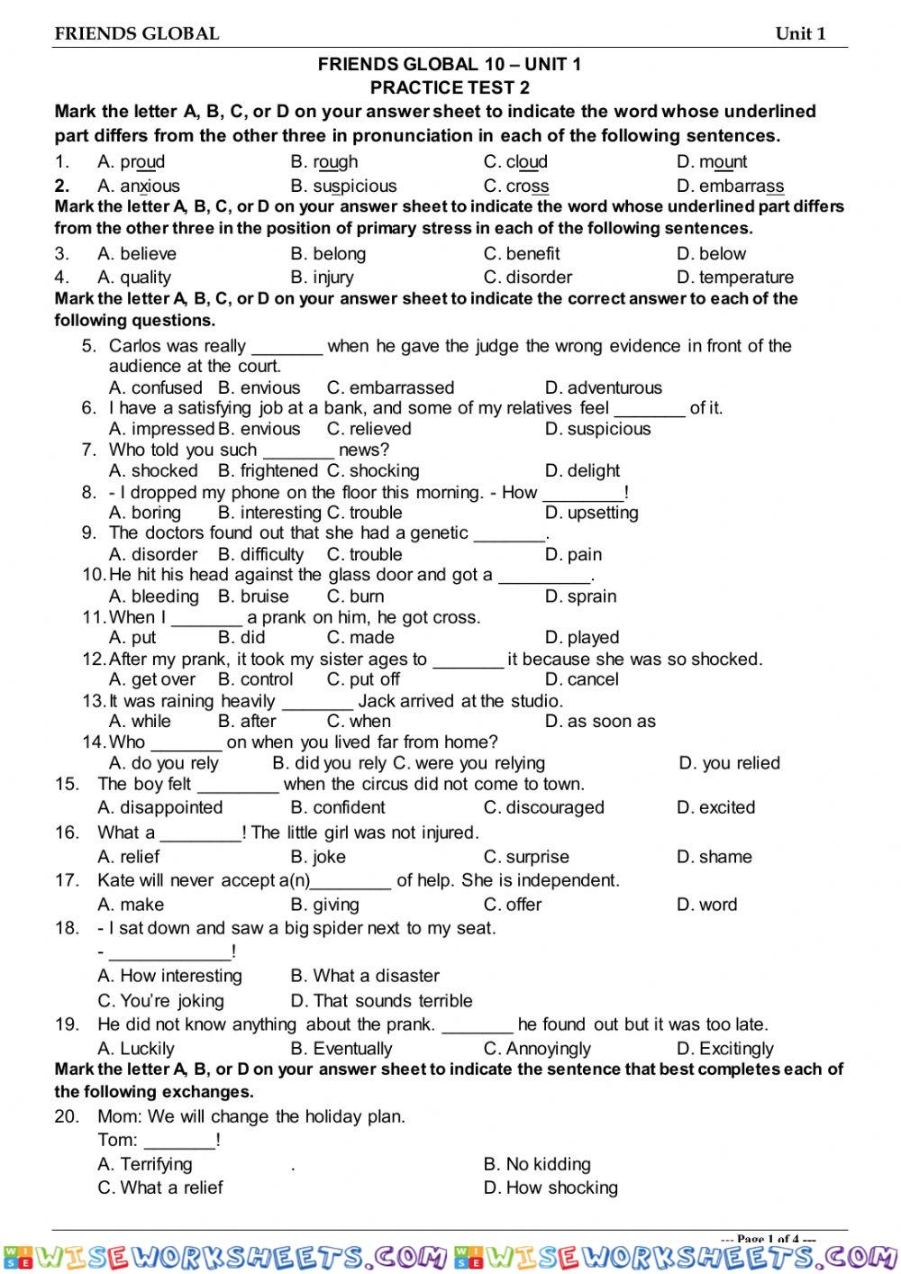 Friends Global 10 - Unit 1 - test 2