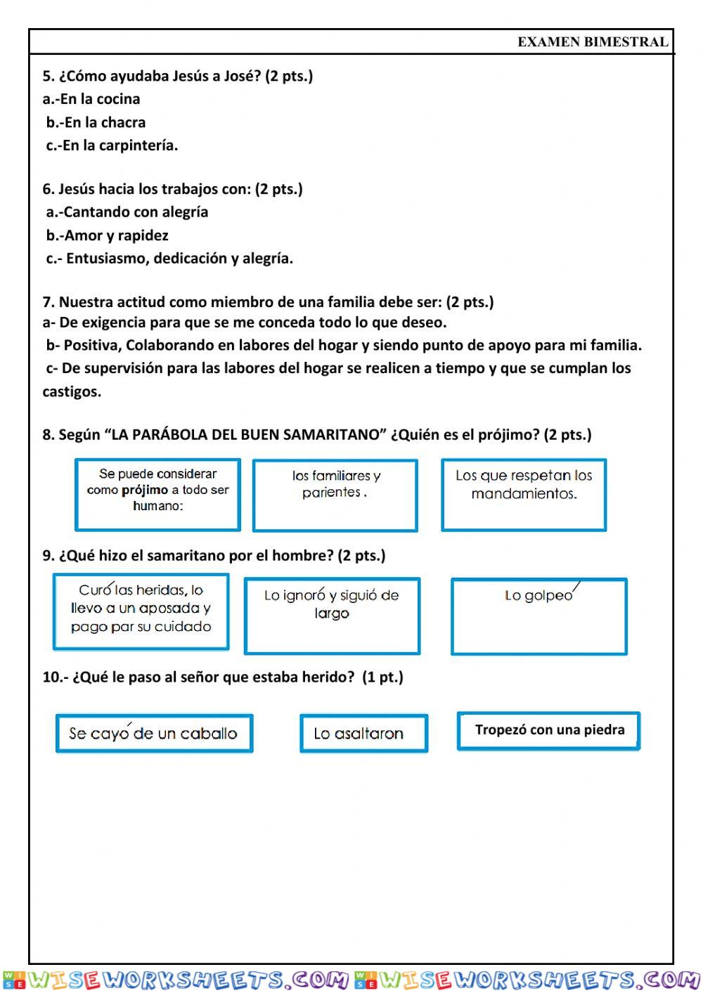 Examen bimestral de religión