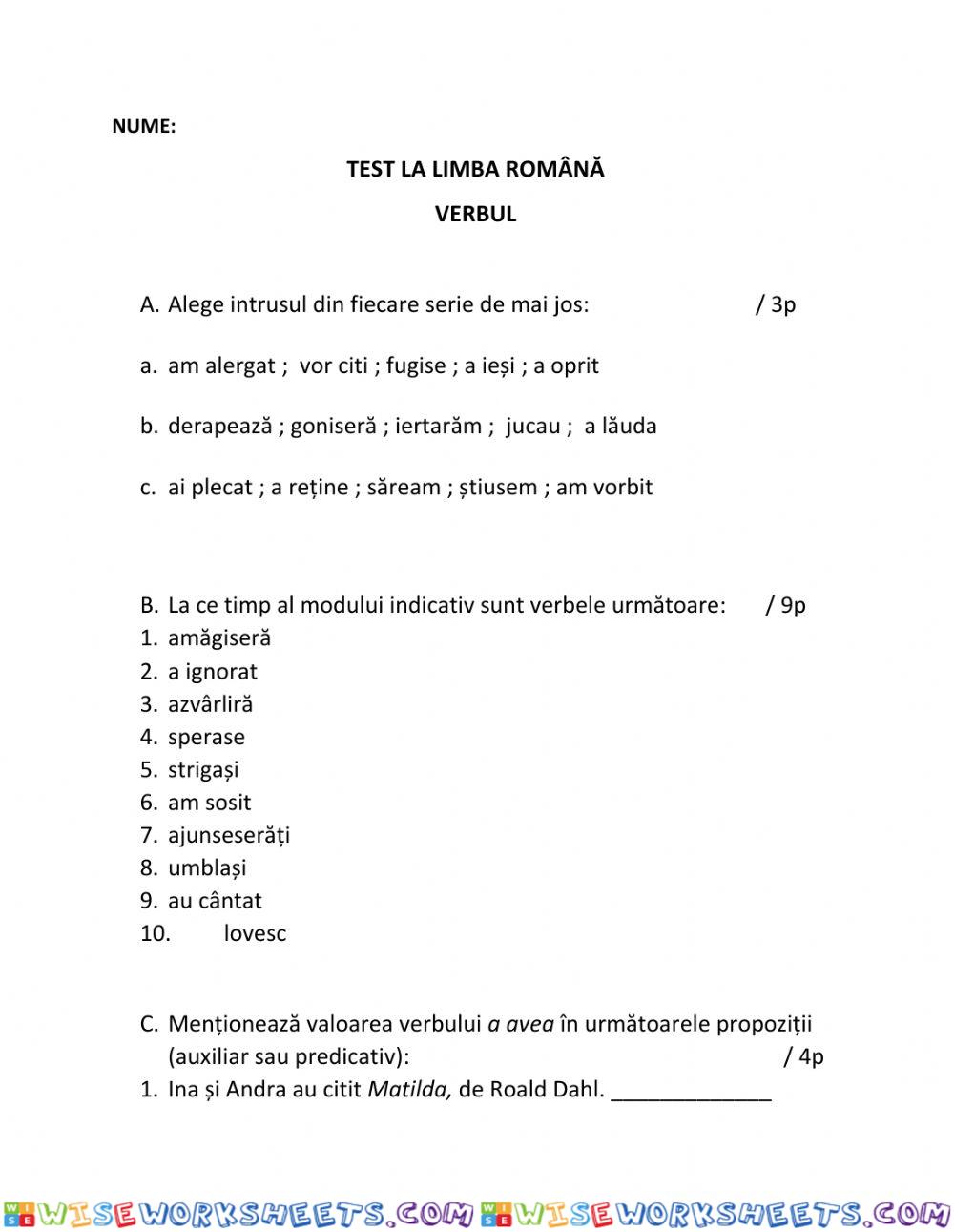 Test la gramatică - verbul (cl.a V-a)