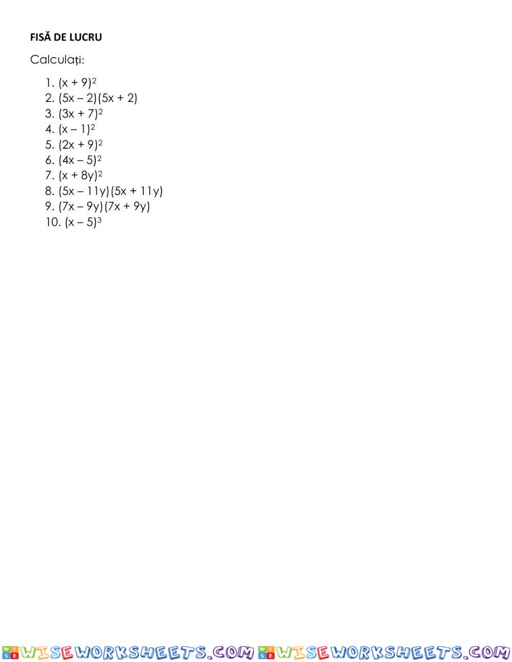 Calcul algebric - formule de calcul prescurtat