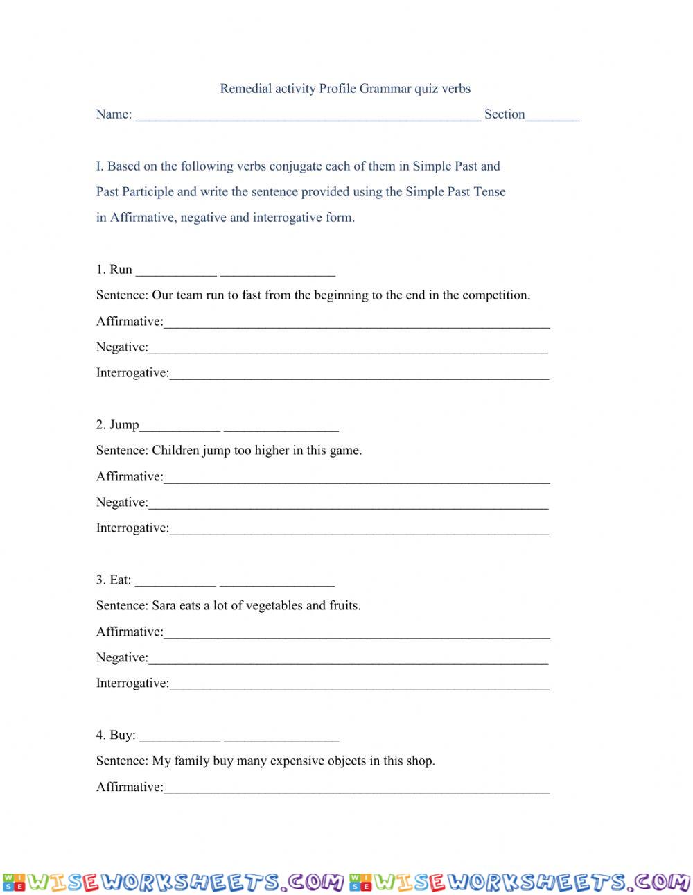 Remedial activity quizz verbs