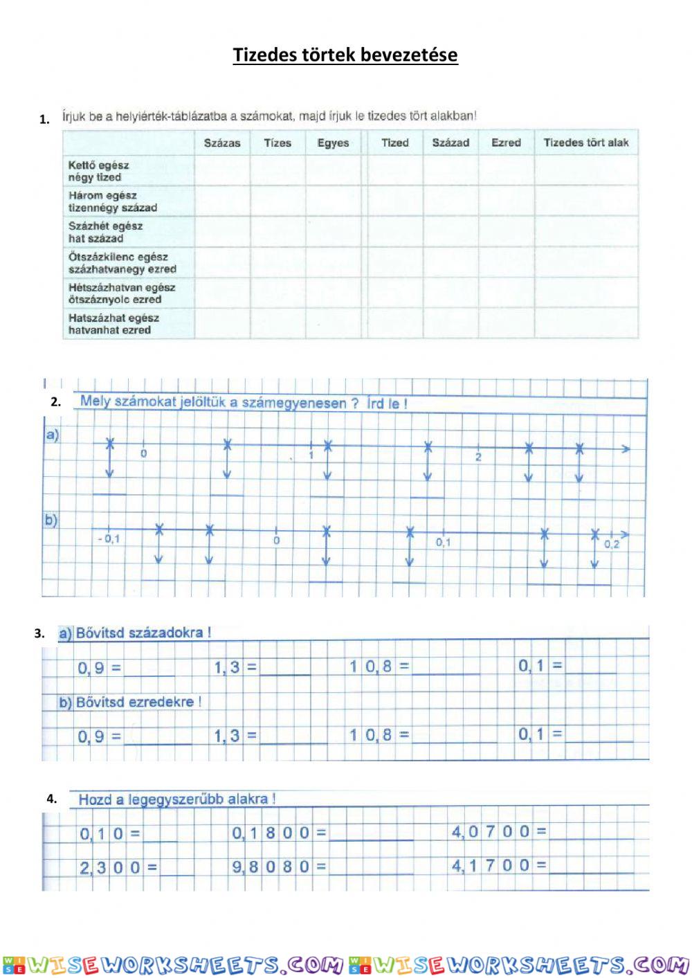 Tizedes törtek bevezetése dolgozat