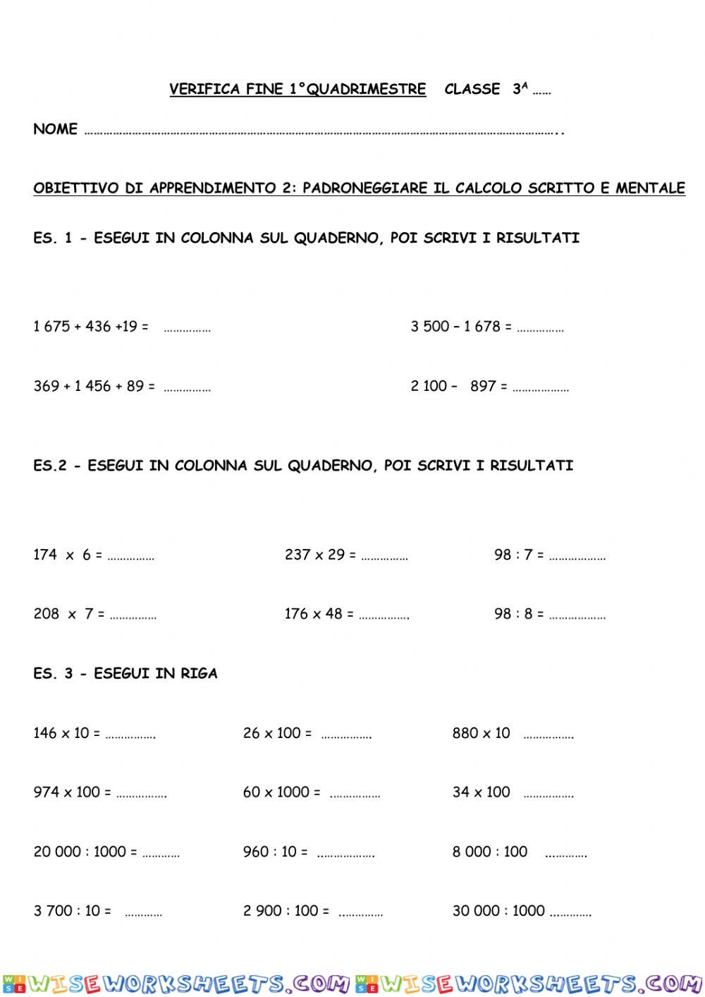 Verifica 1° quadrimestre -CALCOLO-