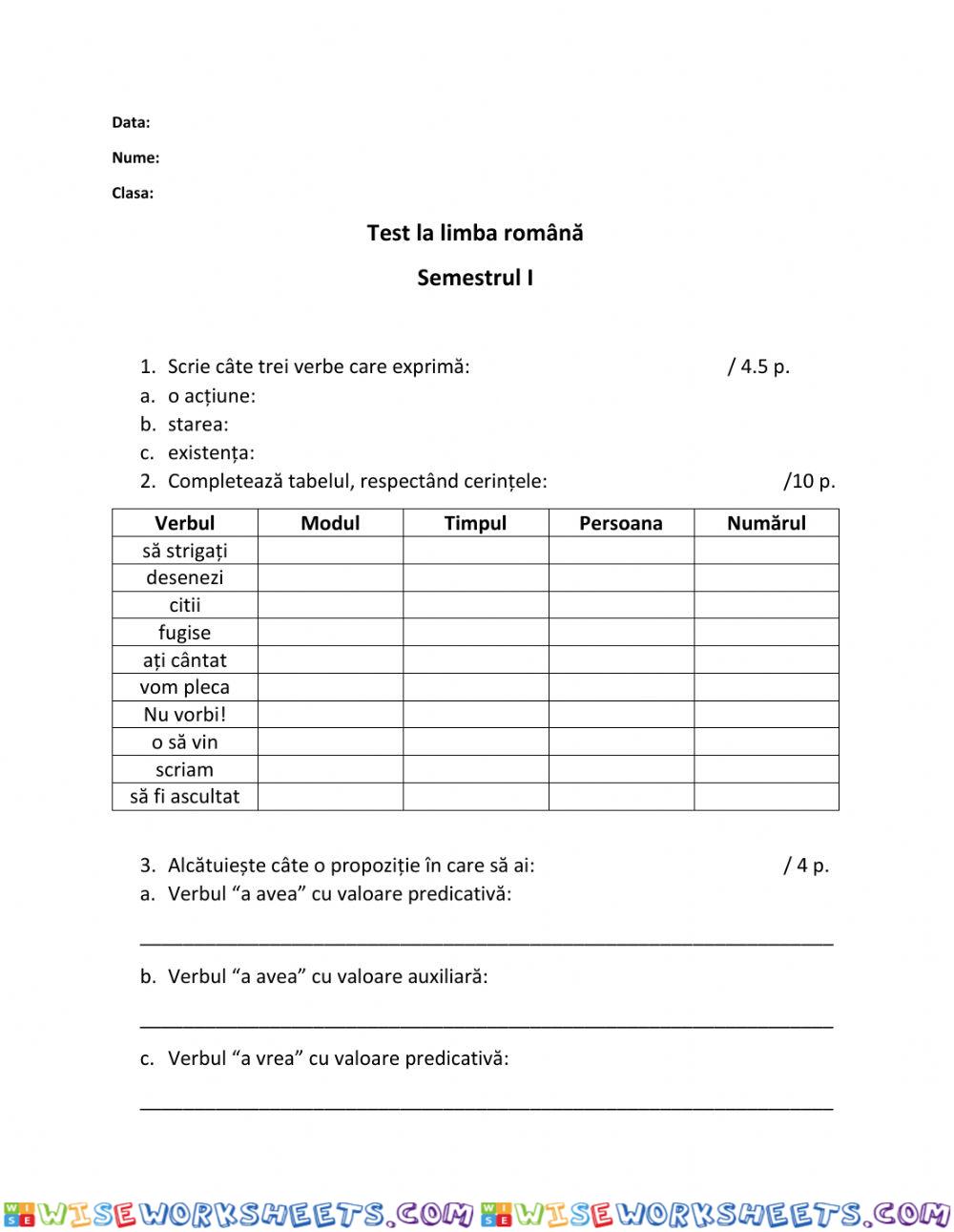 Test Limba română clasa a Vi-a - Semestrul I