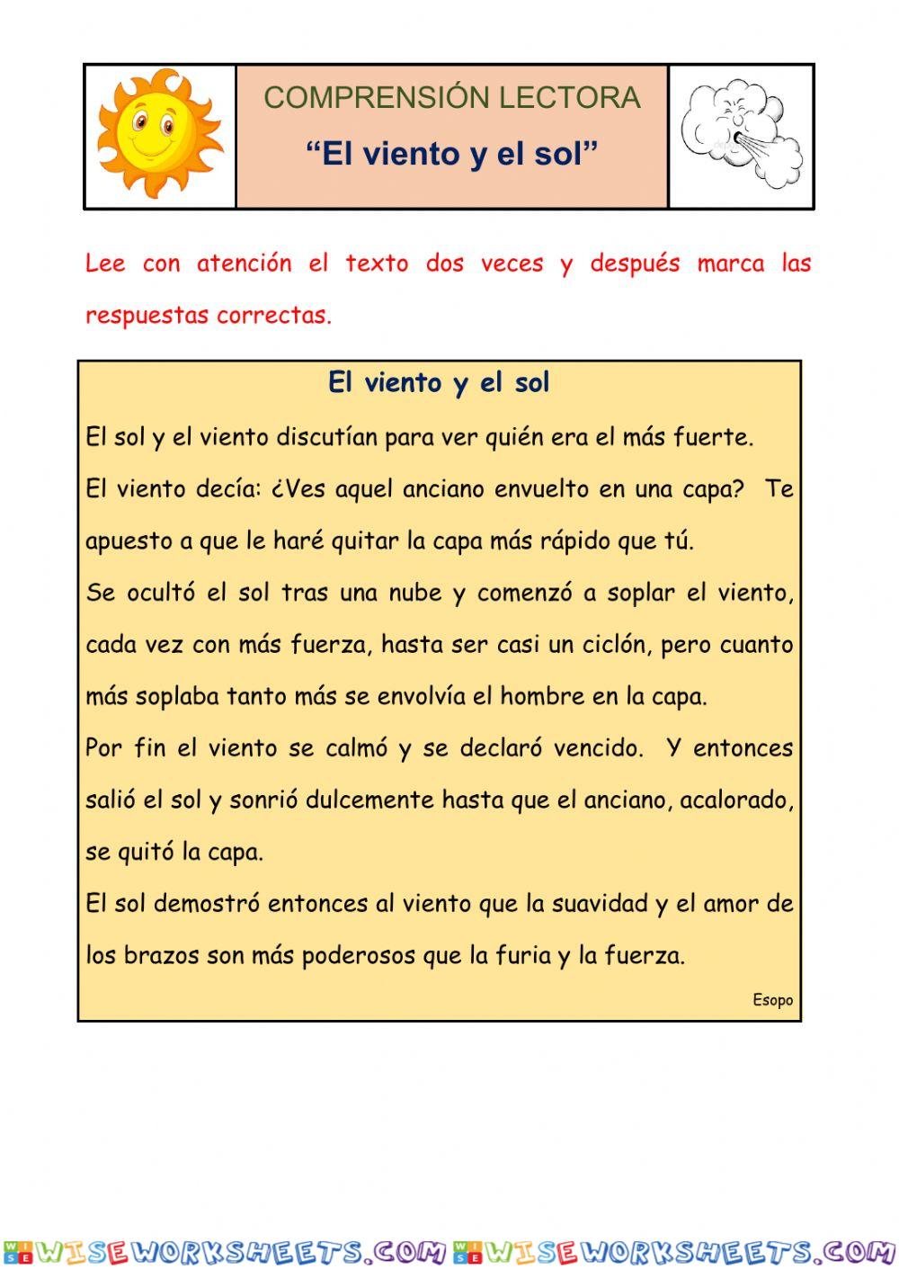 Comprensión lectora: el sol y el viento