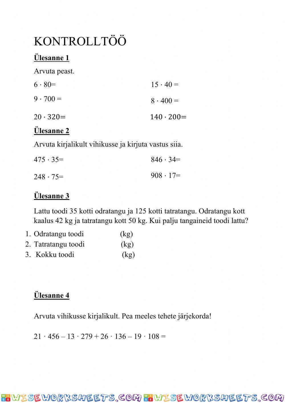 KONTROLLTÖÖ-korrutamine kahekohalise arvuga