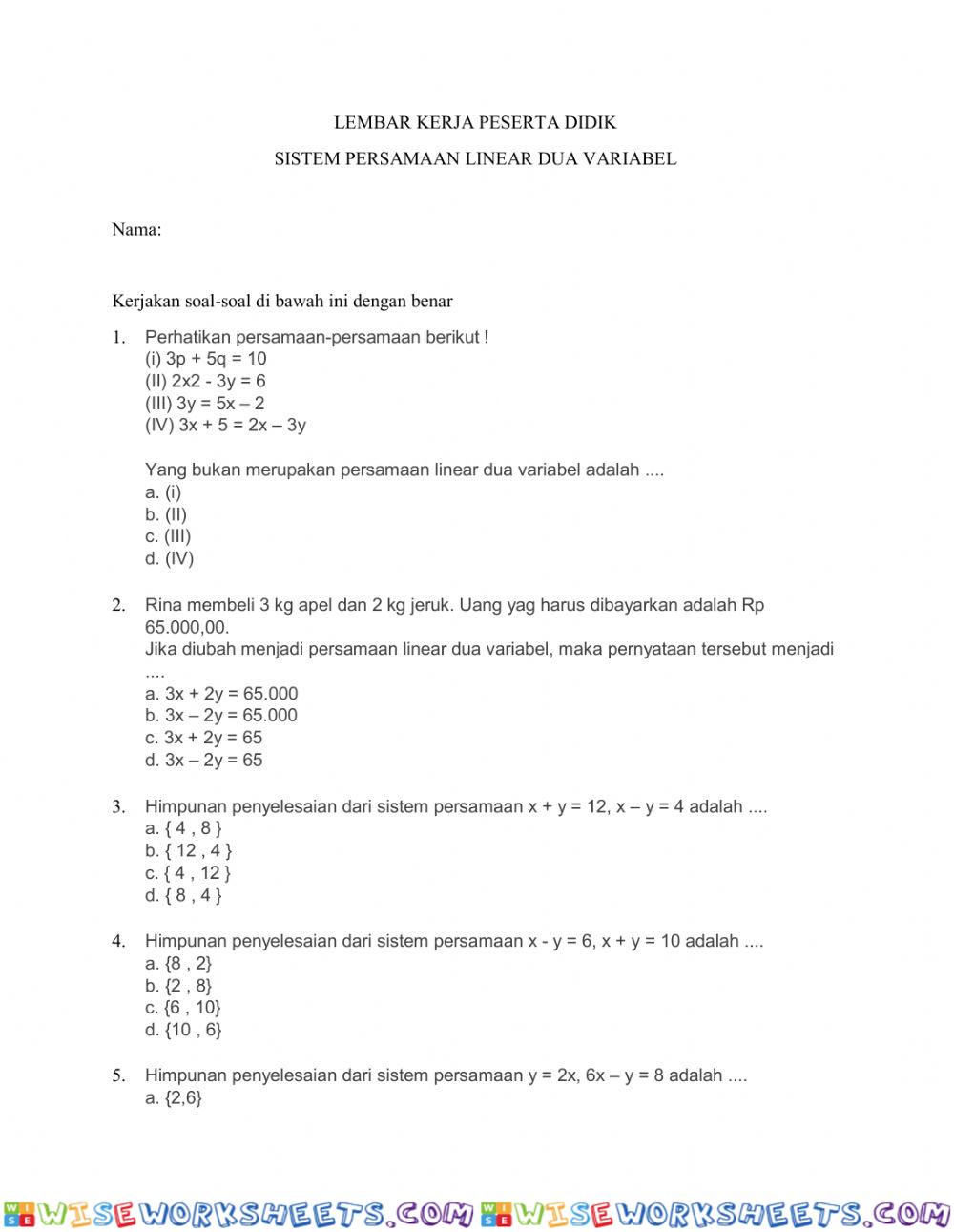 Sistem Persamaan Linear Dua Variabel