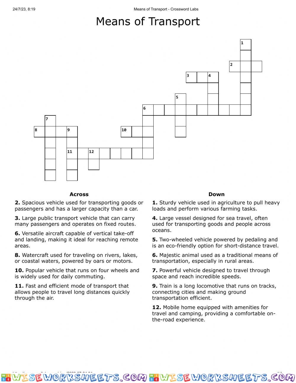 Means of transport crossword