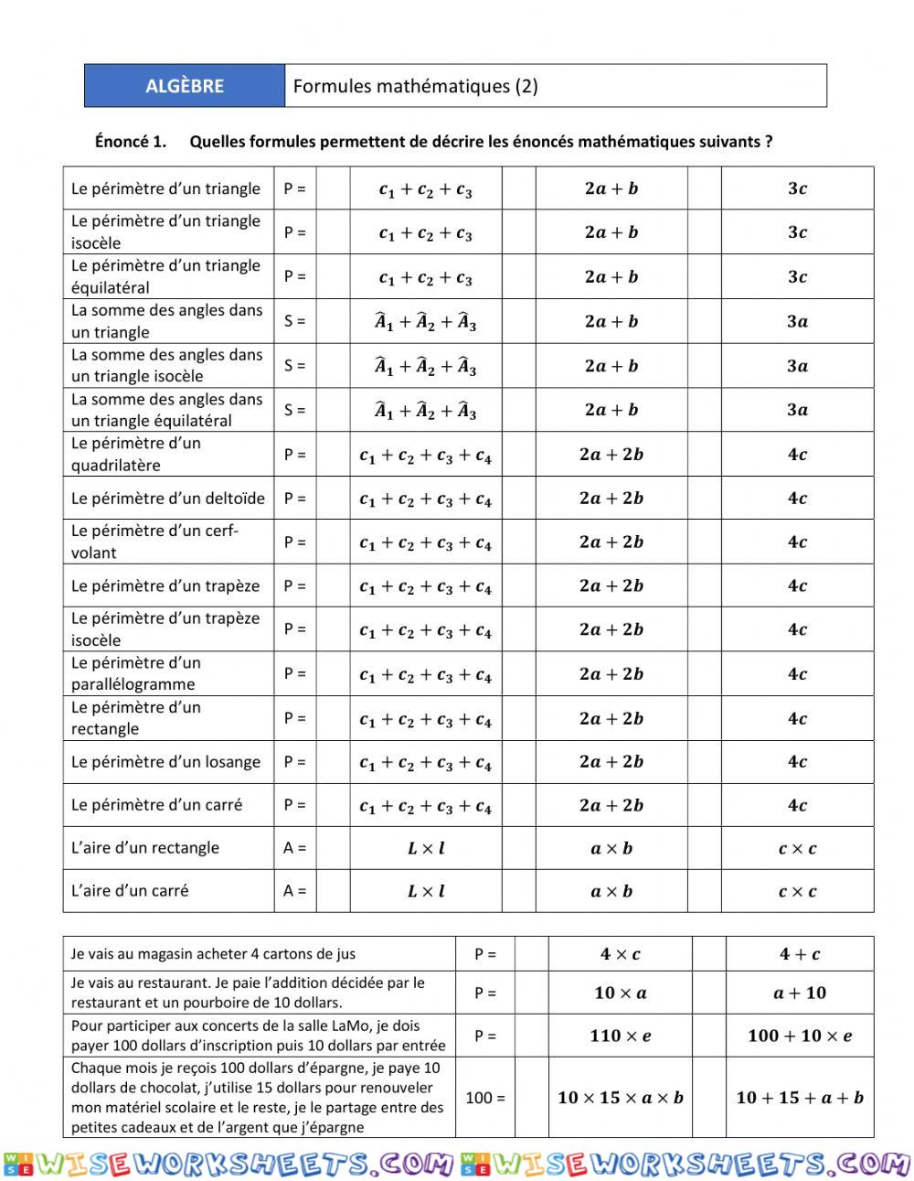 Formules mathématiques