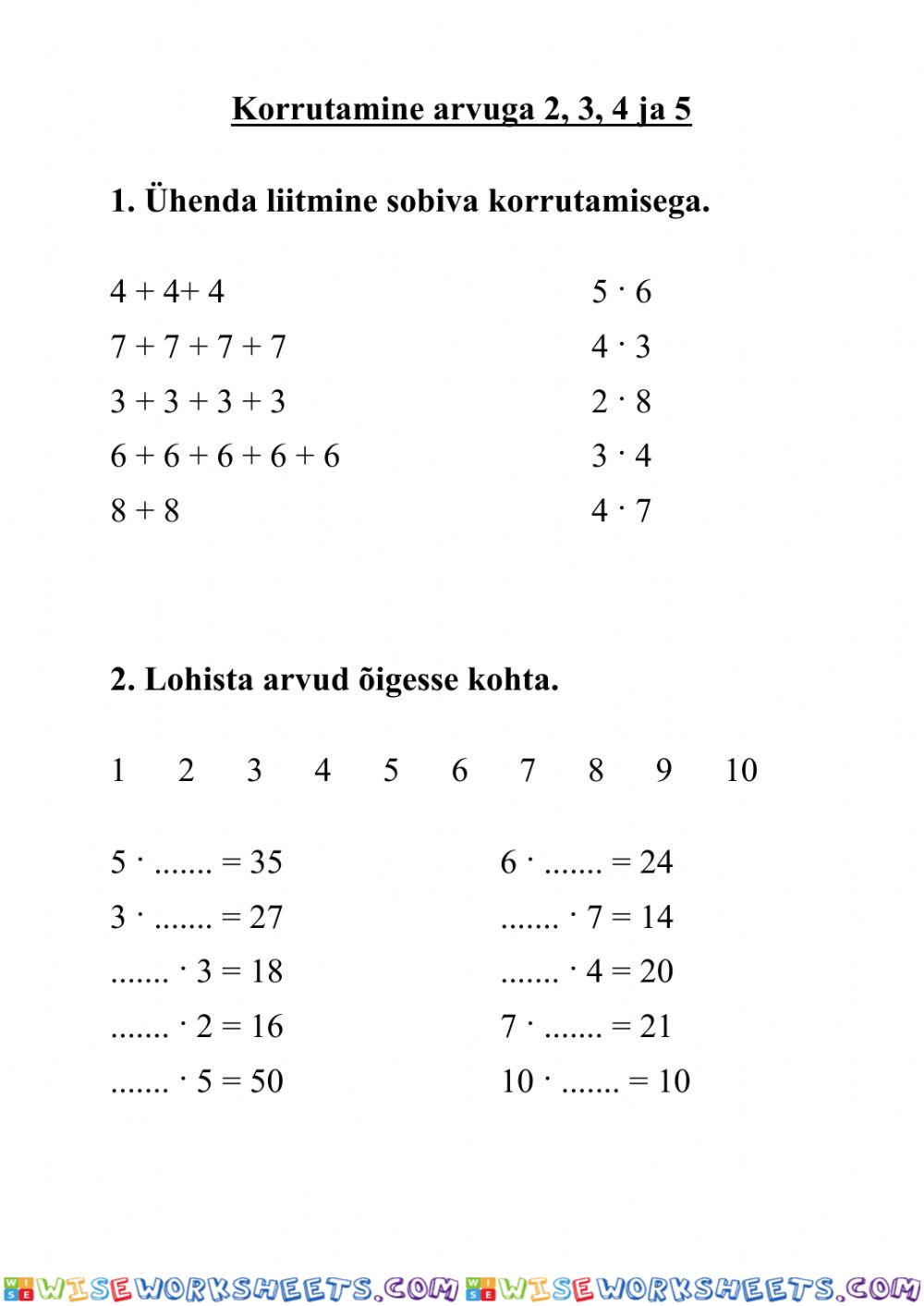 Korrutamine arvuga 2, 3, 4 ja 5