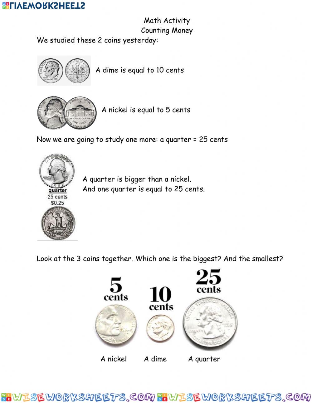 Math quarter dime nickel activity April 7 Seusses