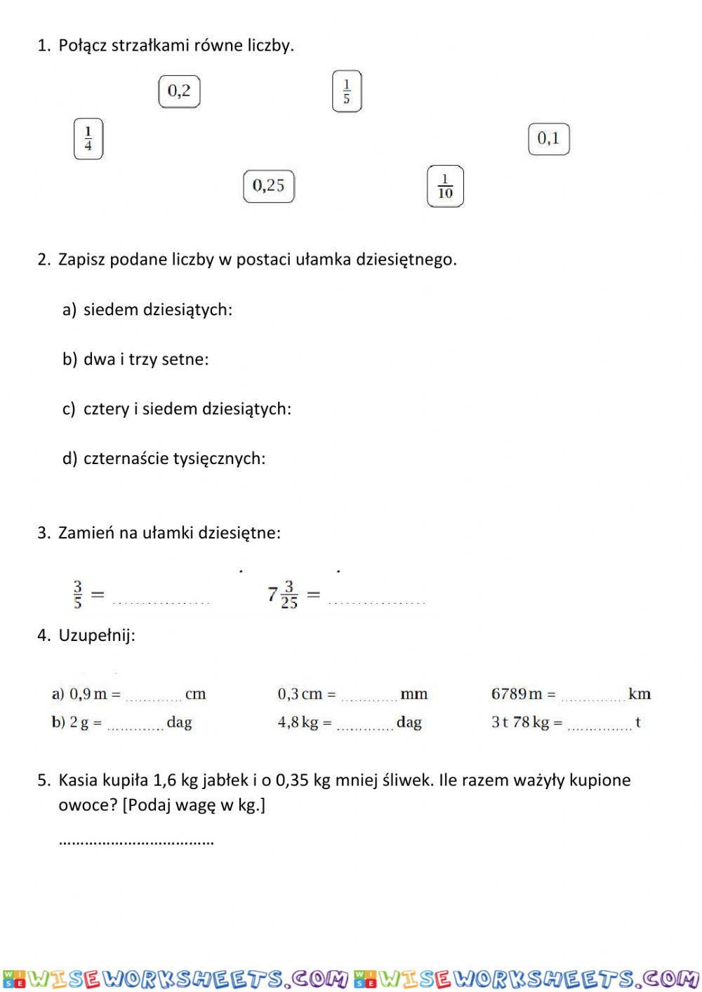 Ułamki dziesiętne sprawdzian kl.5