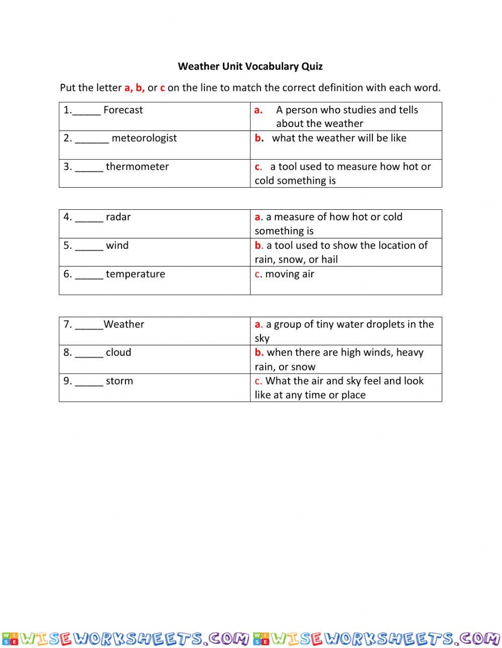 Weather Unit Vocabulary Quiz
