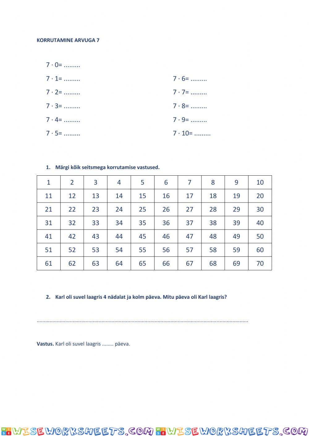 Korrutamine arvuga 7, 1. tööleht, 3. klass