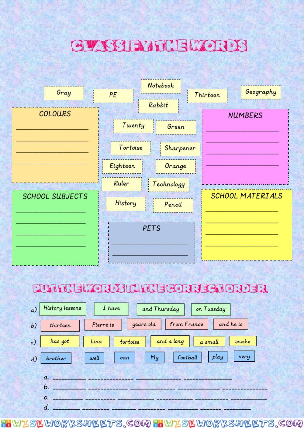 School materials and subjects