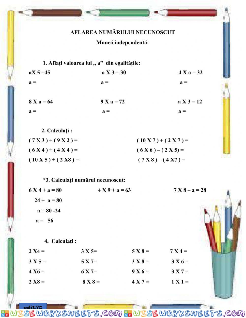 Aflarea numărului necunoscut (Fișă de lucru)